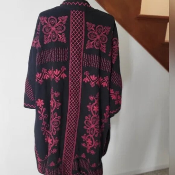 Johnny Was Embroidered Open Front Kimono Black Fuchsia Bohemian Cotton Cardigan - Picture 7 of 7
